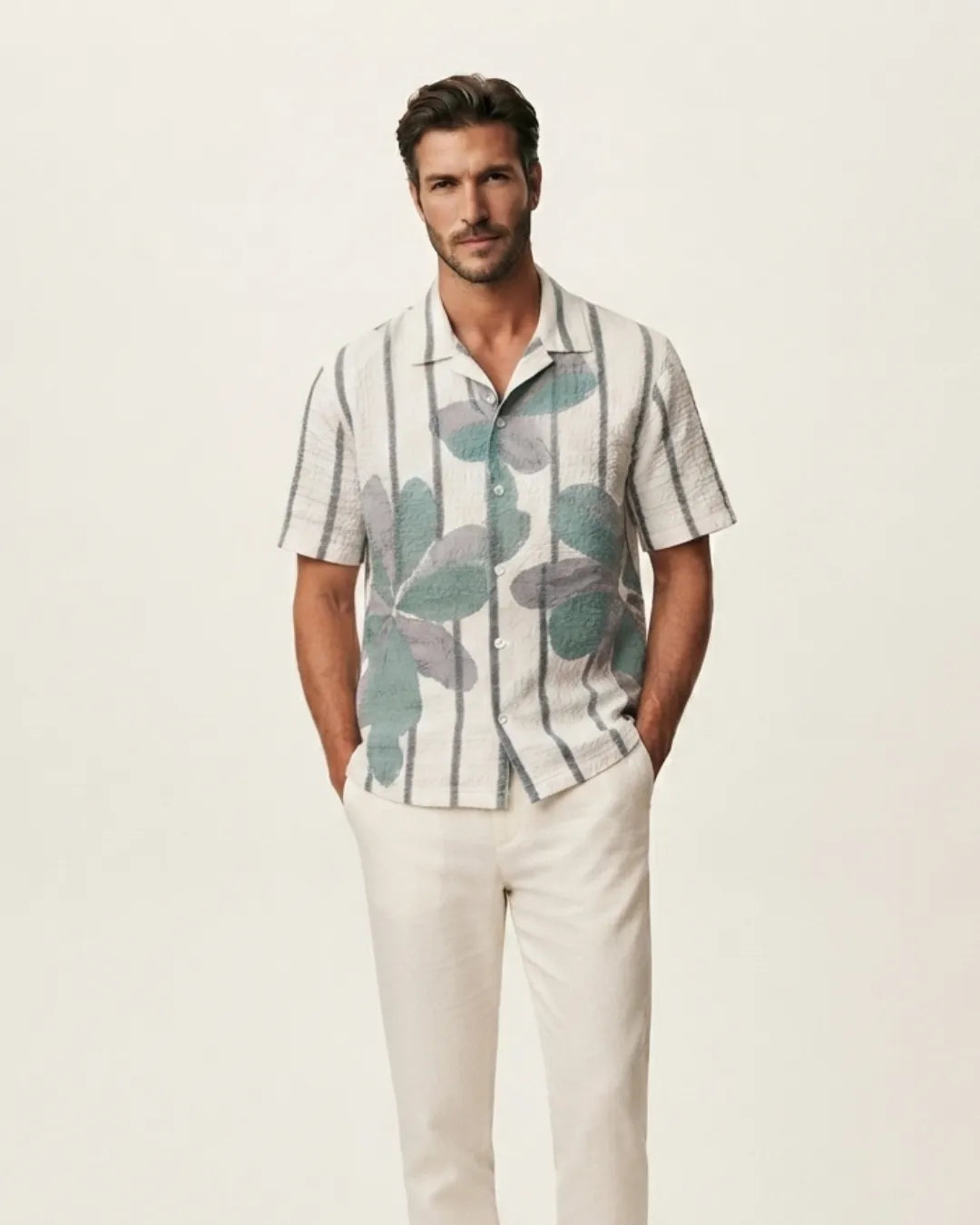 Zara Men's Textured Floral Print Cuban Collar Shirt