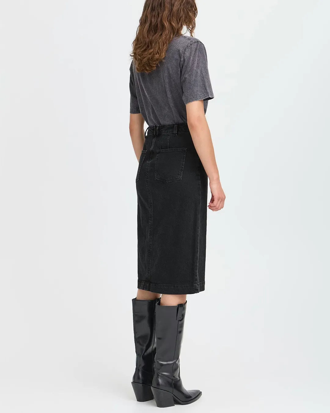 B.Young Black Denim Midi Skirt With Button Placket