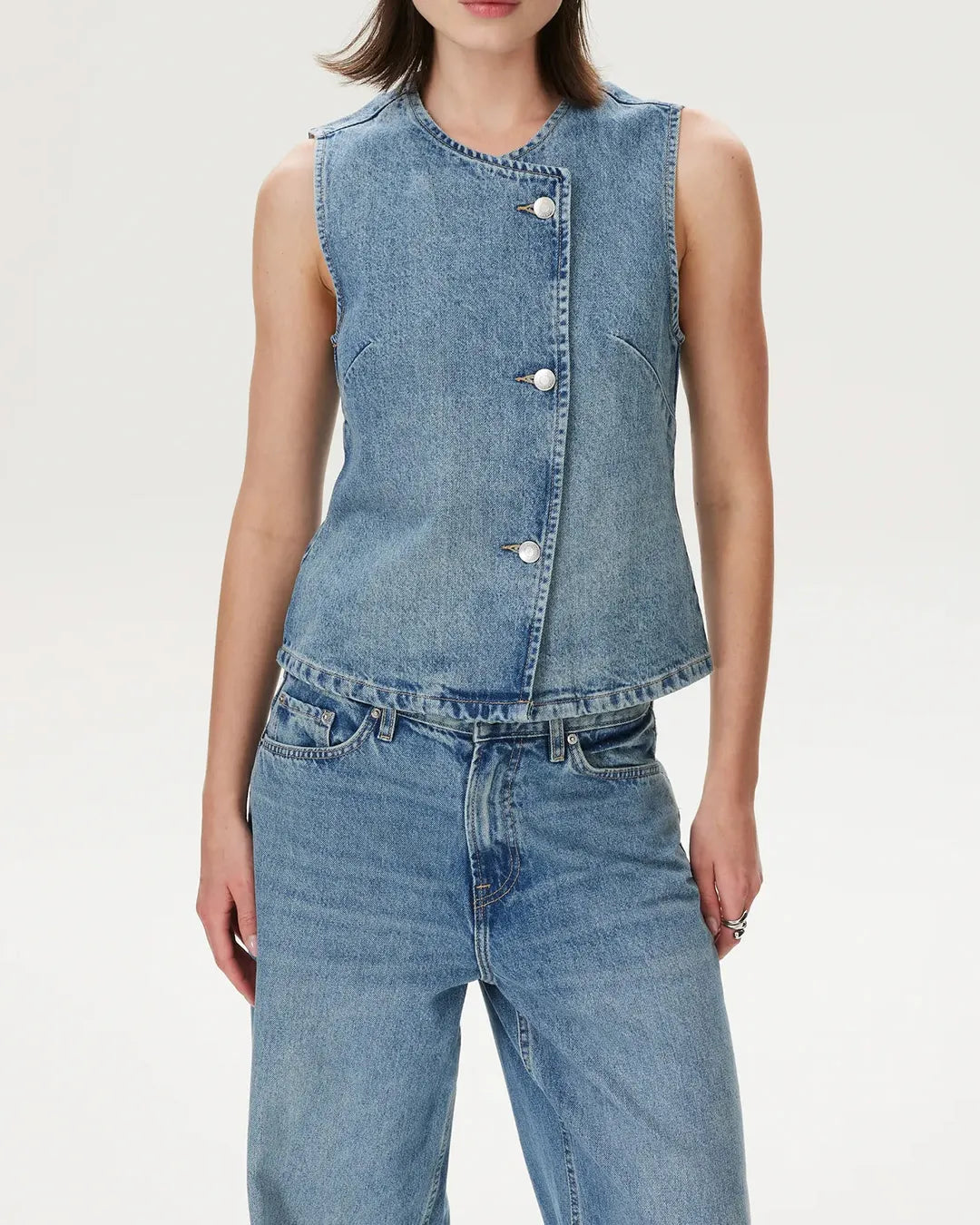 COSTES Light Blue Denim Vest with Slanted Placket