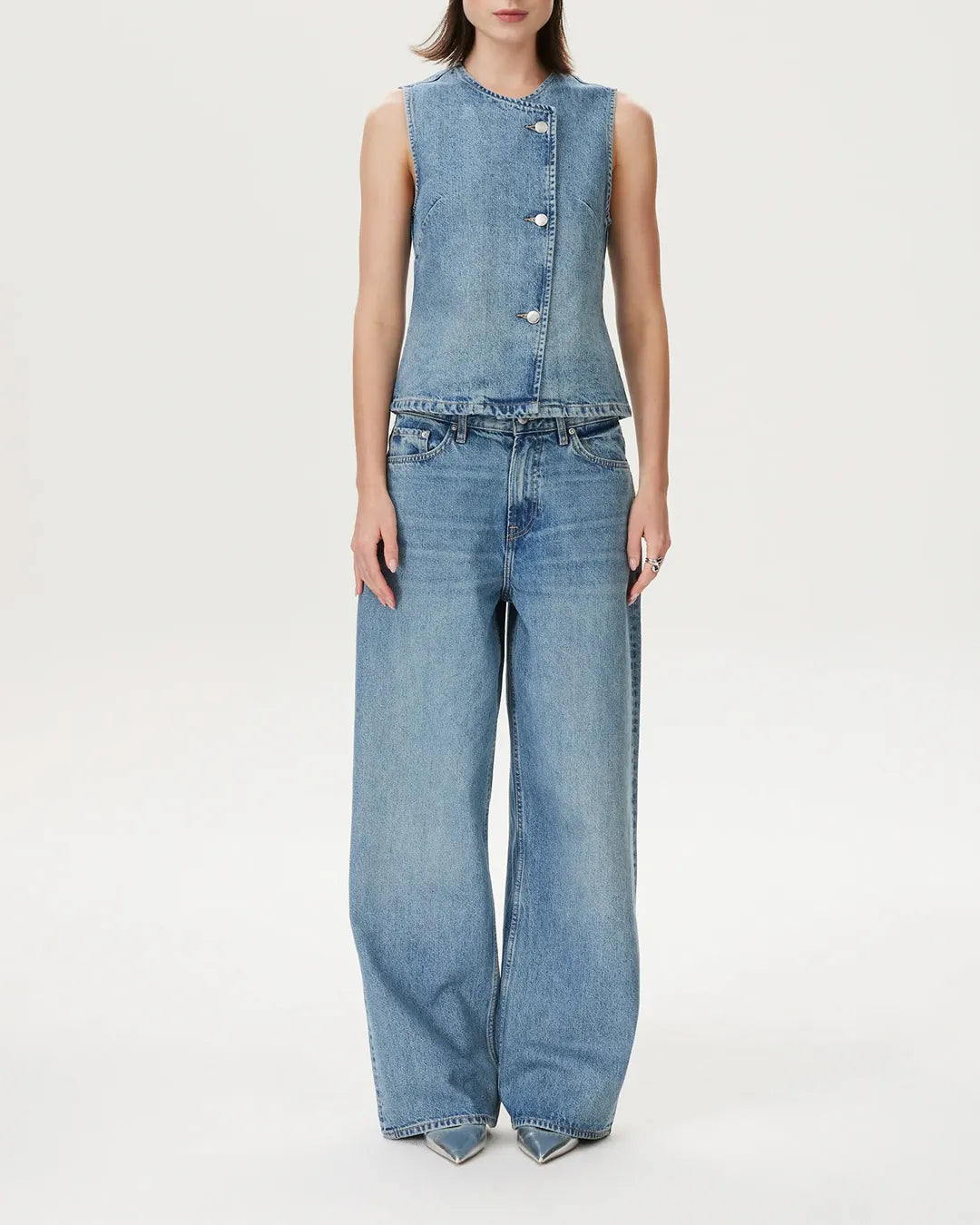 COSTES Light Blue Denim Vest with Slanted Placket