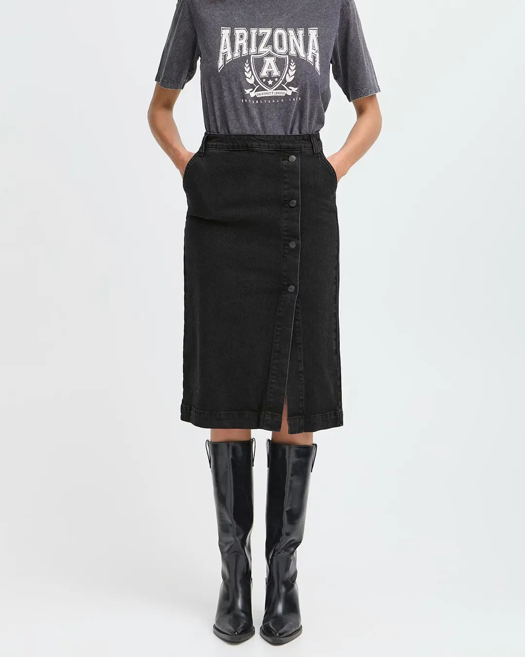 B.Young Black Denim Midi Skirt With Button Placket