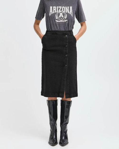 B.Young Black Denim Midi Skirt With Button Placket