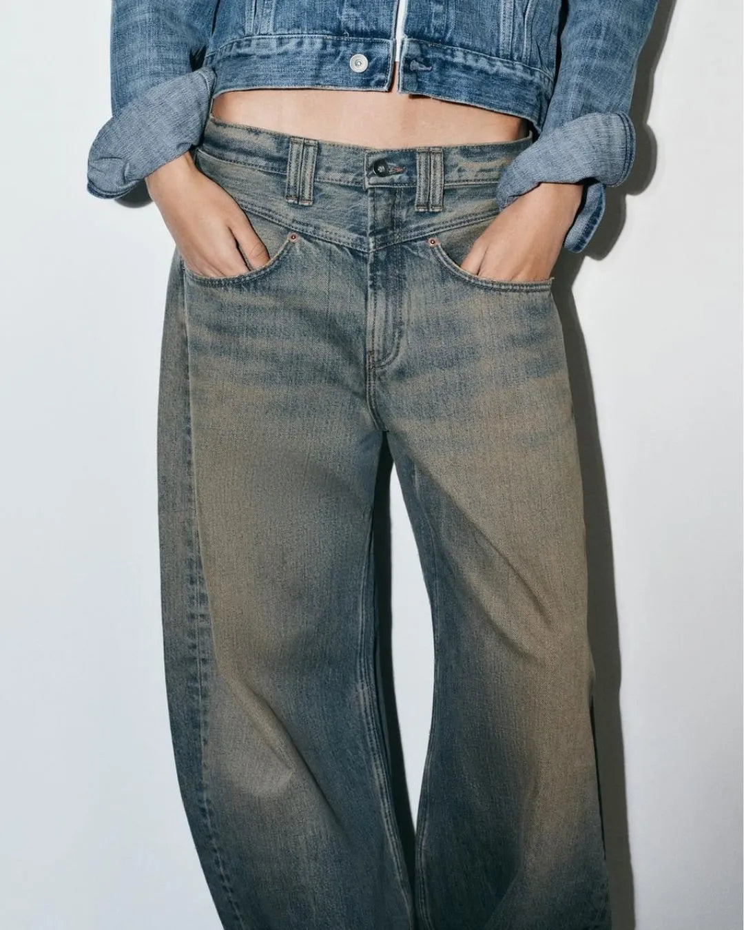 Zara Women Wide Leg Denim Jeans Vintage Olive Wash