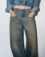 Zara Women Wide Leg Denim Jeans Vintage Olive Wash