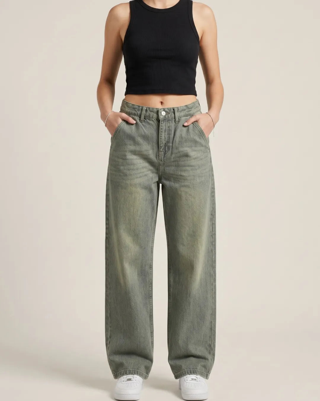 Unisex Relaxed Loose Fit Cross Pocket Jeans Matcha Wash