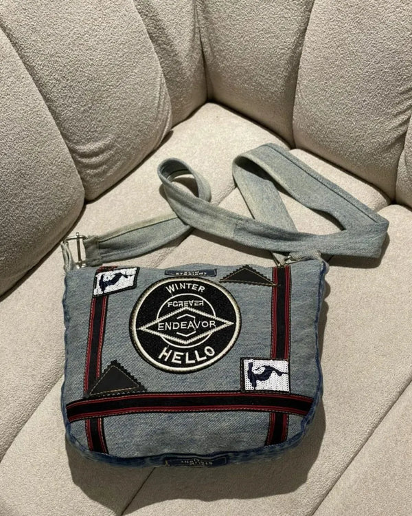 Y2K Vintage Vibe Denim Sling Bag with Patches
