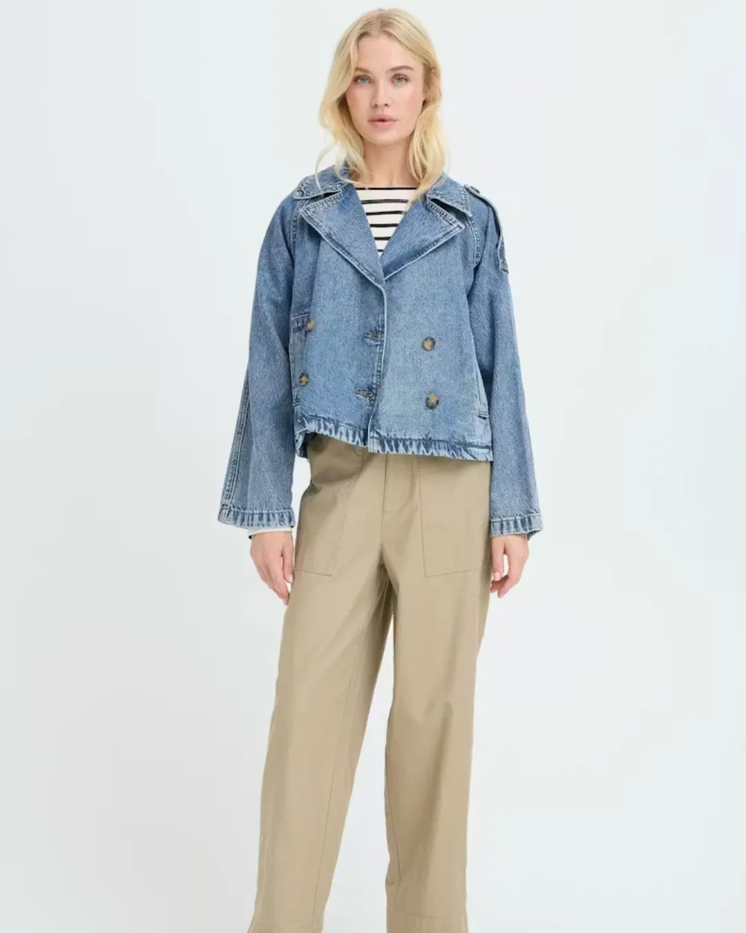 B Young Light Blue Denim Cropped Jacket for Women