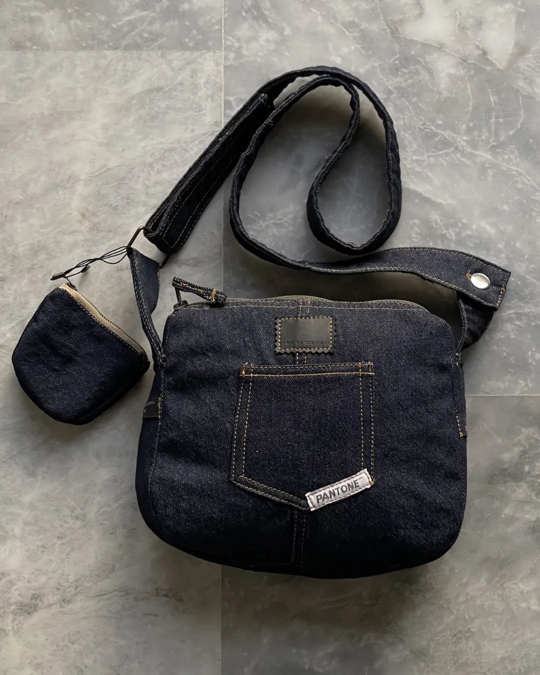 Raw Denim Shoulder Bag With Pocket And Mini Pouch