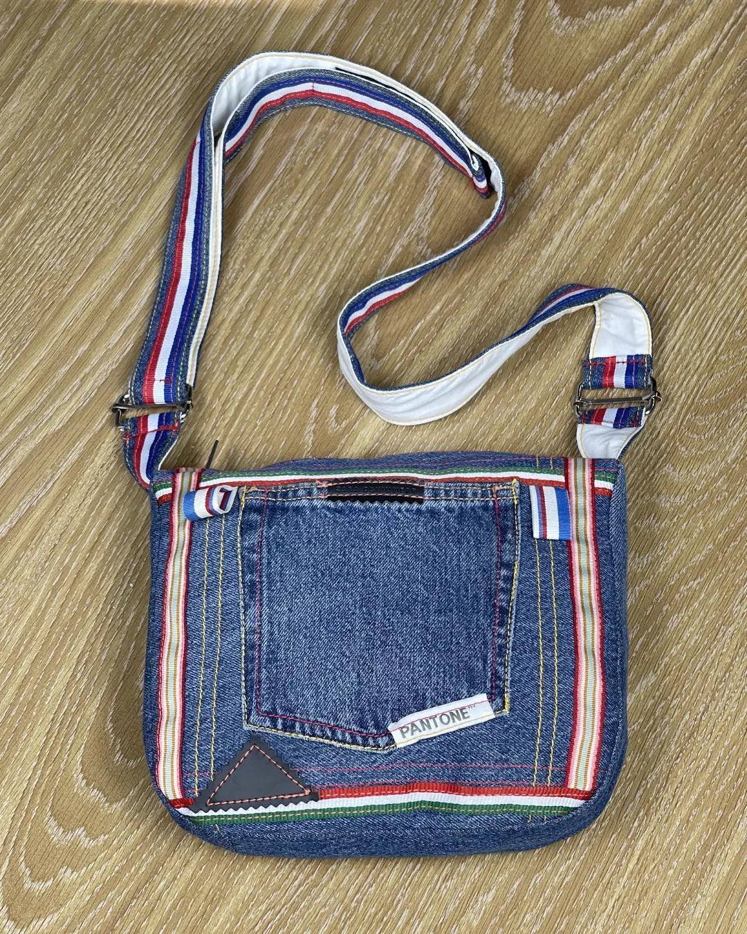 Upcycled Blue Denim Crossbody Bag with Stripe Detail