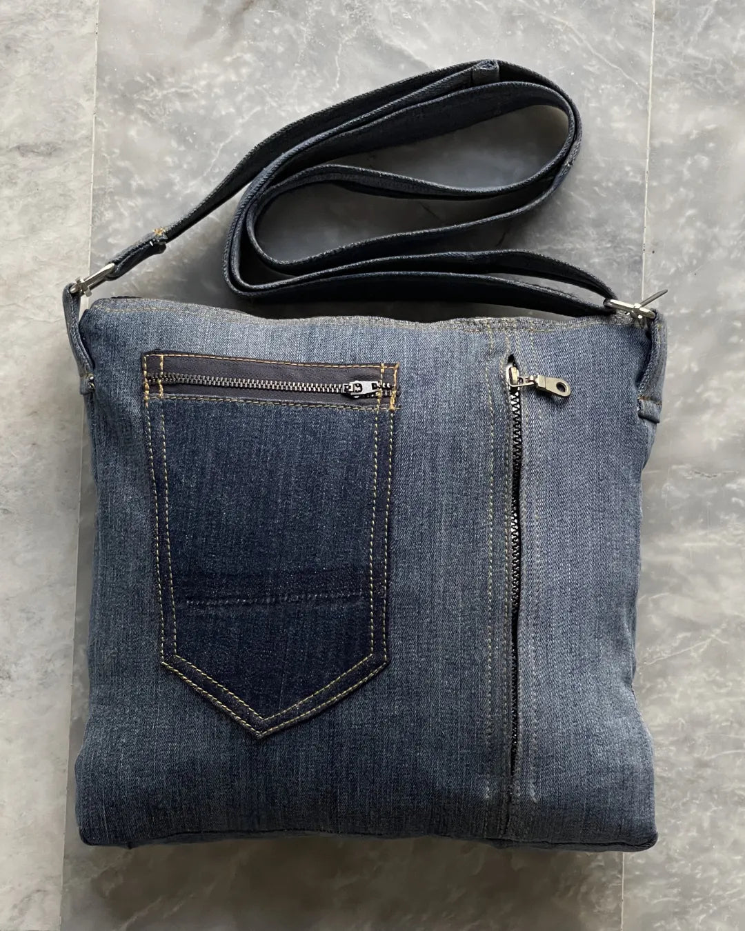 Reworked Denim Crossbody Bag With Dual Pocket Design By TLD