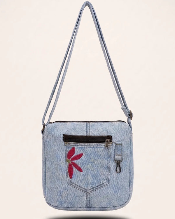 Upcycled Denim Crossbody Bag with Embroidered Flower Motif