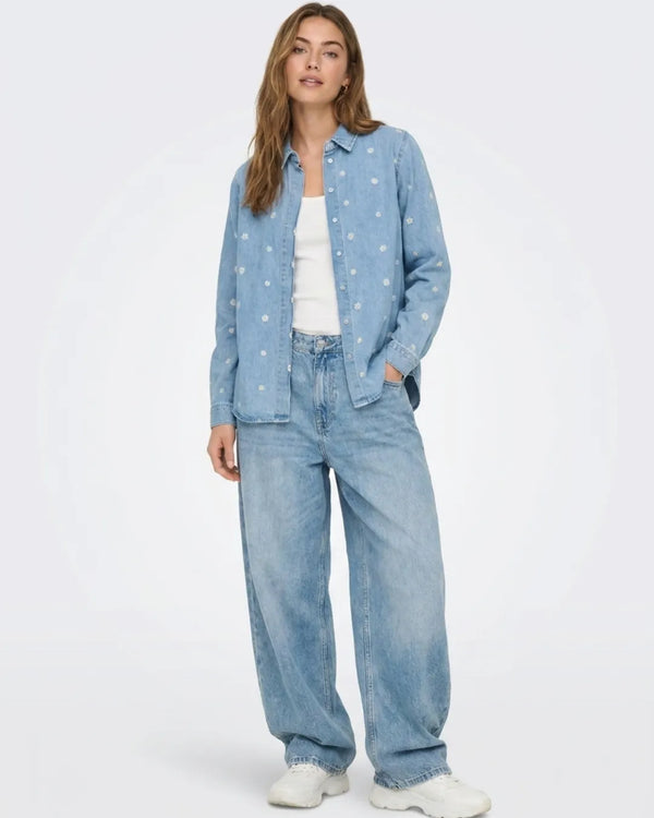 ONLY Women's Floral Embroidered Denim Shirt