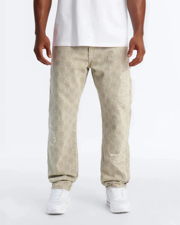 Novamen Men's Brown Monogram Distressed Baggy Fit Denim Jeans