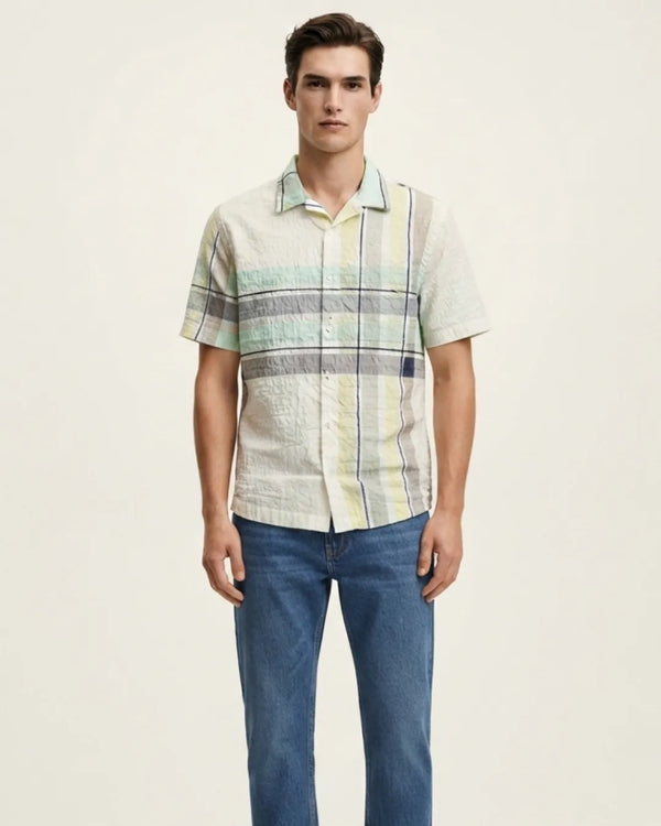 Textured Seersucker Plaid Cuban Collar Short-Sleeve Shirt