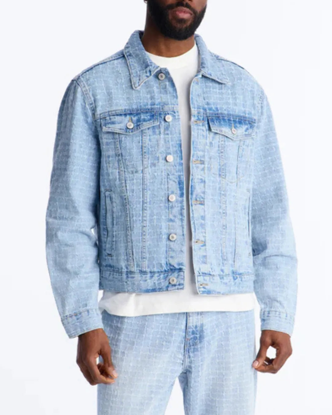 Novamen Men's Cropped Windowpane Denim Trucker Jacket