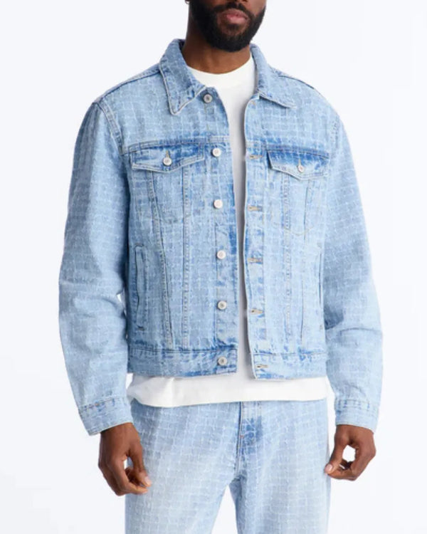 Novamen Men's Cropped Windowpane Denim Trucker Jacket
