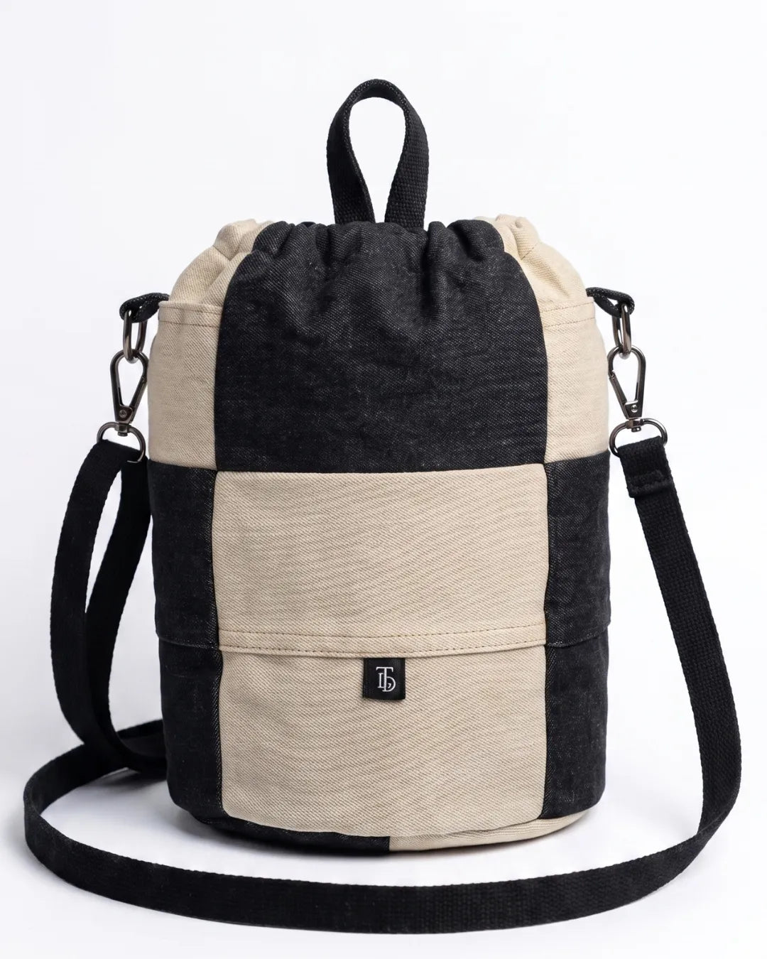 TLD Two-Tone Patchwork Denim Crossbody Bag – Unisex Drawstring Pouch Bag