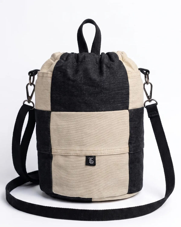 TLD Two-Tone Patchwork Denim Crossbody Bag – Unisex Drawstring Pouch Bag