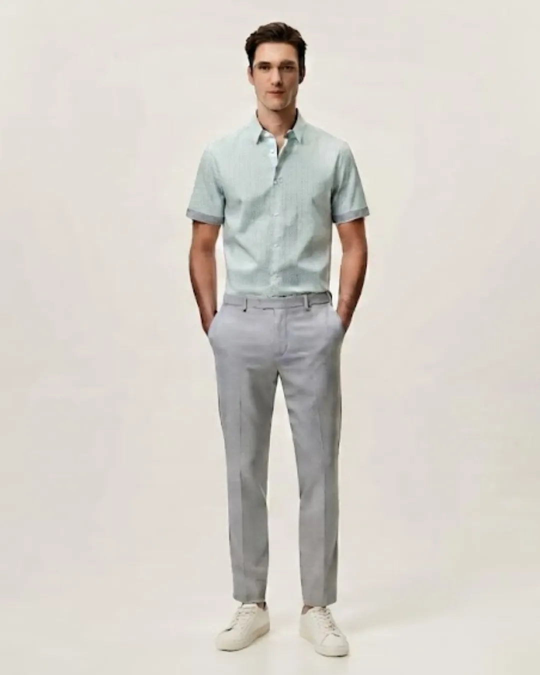 Zara Men Mint Green Dotted Print Cotton Cuban Collar Short Sleeve Shirt