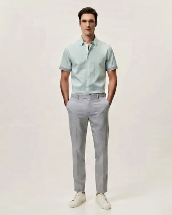 Zara Men Mint Green Dotted Print Cotton Cuban Collar Short Sleeve Shirt