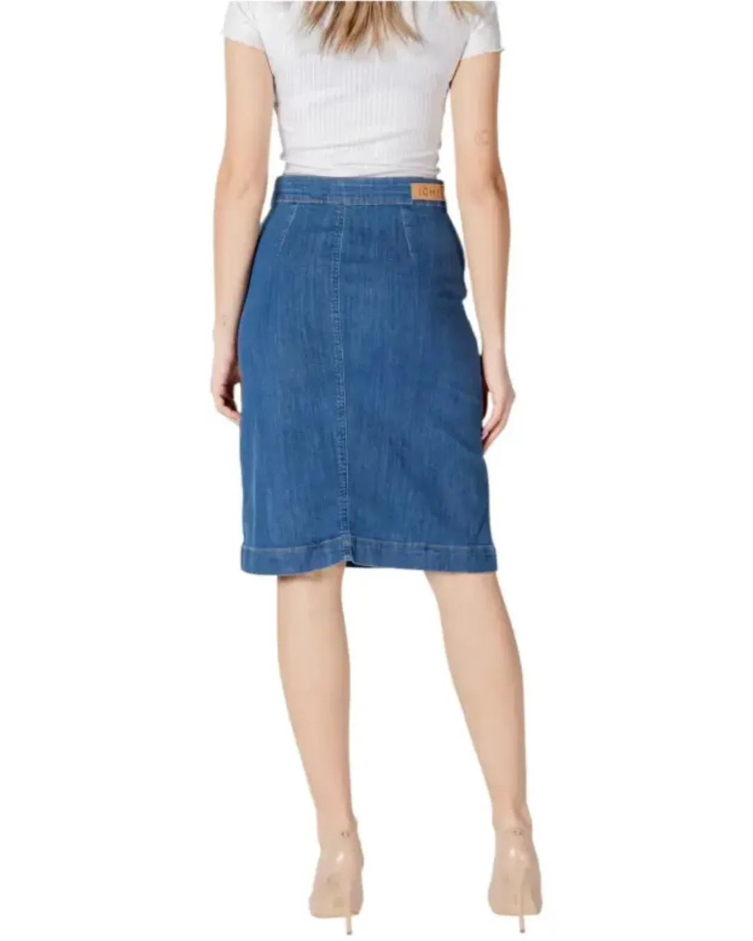 Women Blue Denim Midi Skirt Ichi Button Front Style