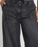 Women's Black Washed Elastic Waist Wide Leg Denim Jogger Trouser