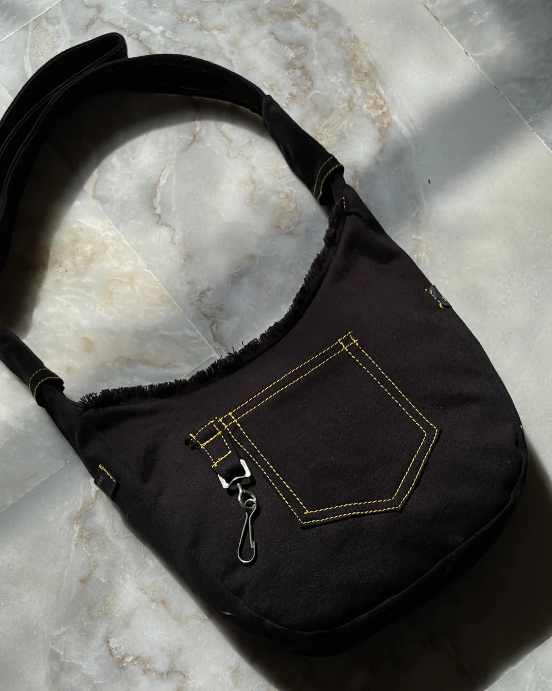Jet Black Reworked Denim Shoulder Bag By TLD