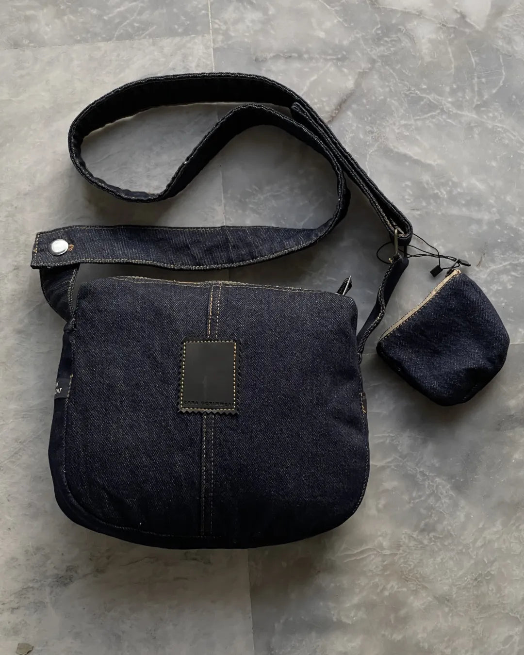 Raw Denim Shoulder Bag With Pocket And Mini Pouch