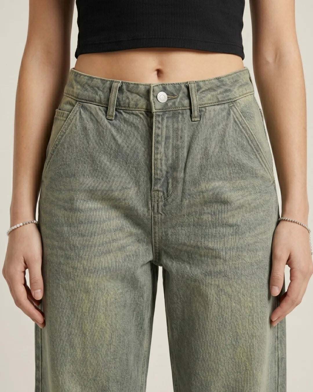 Unisex Relaxed Loose Fit Cross Pocket Jeans Matcha Wash