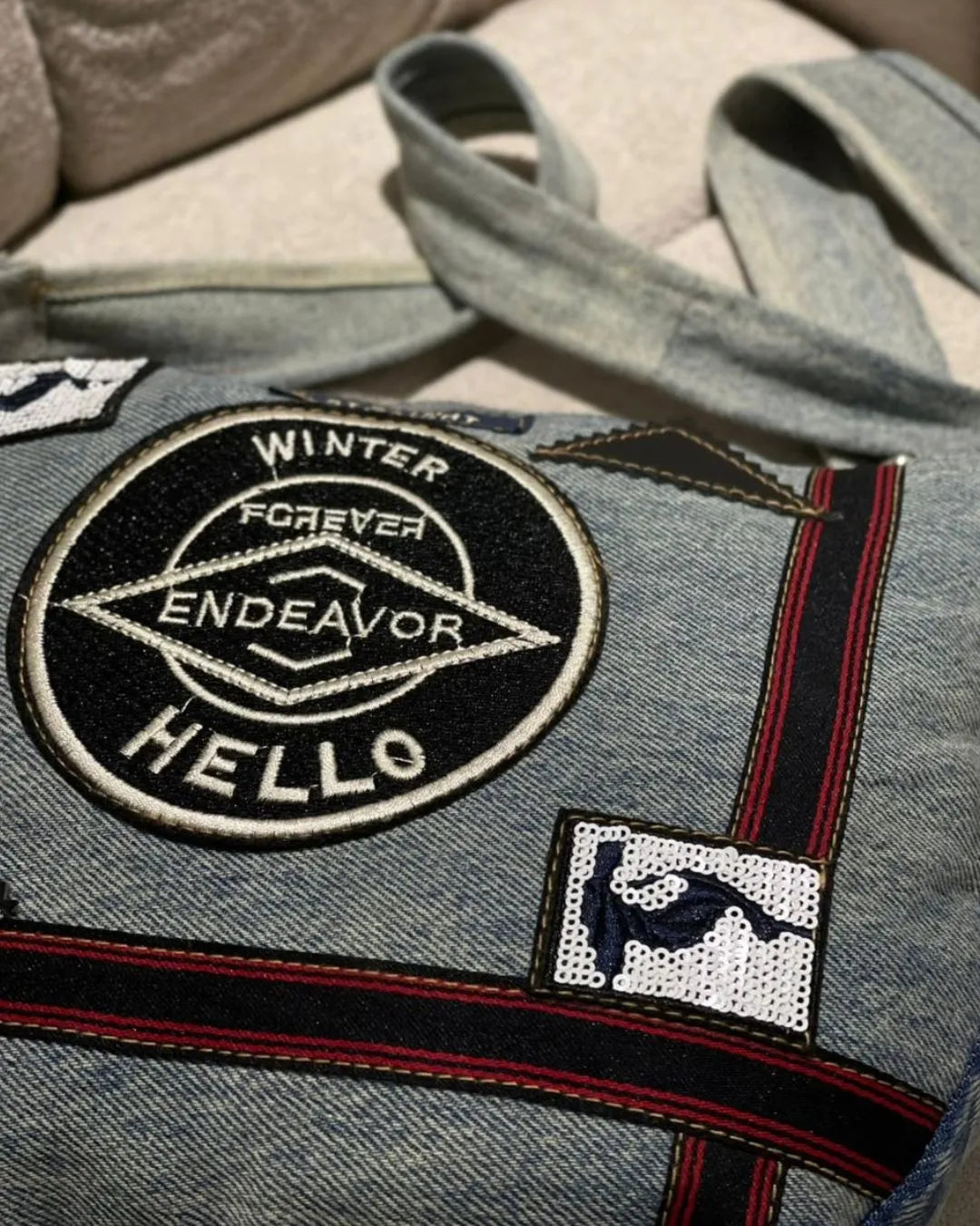 Y2K Vintage Vibe Denim Sling Bag with Patches