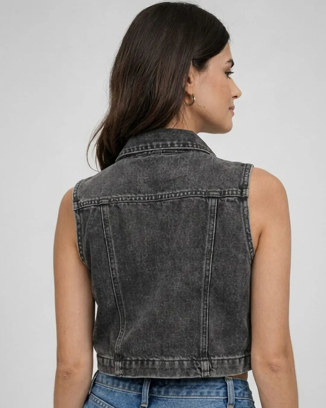 Costes Faded Black Sleeveless Cropped Denim Jacket