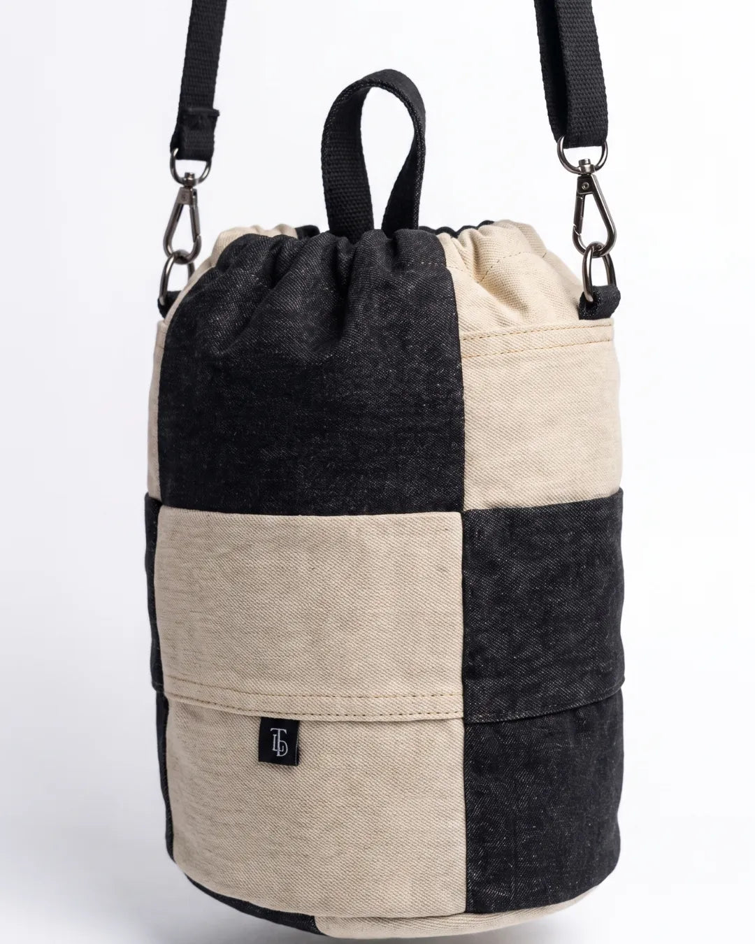 TLD Two-Tone Patchwork Denim Crossbody Bag – Unisex Drawstring Pouch Bag
