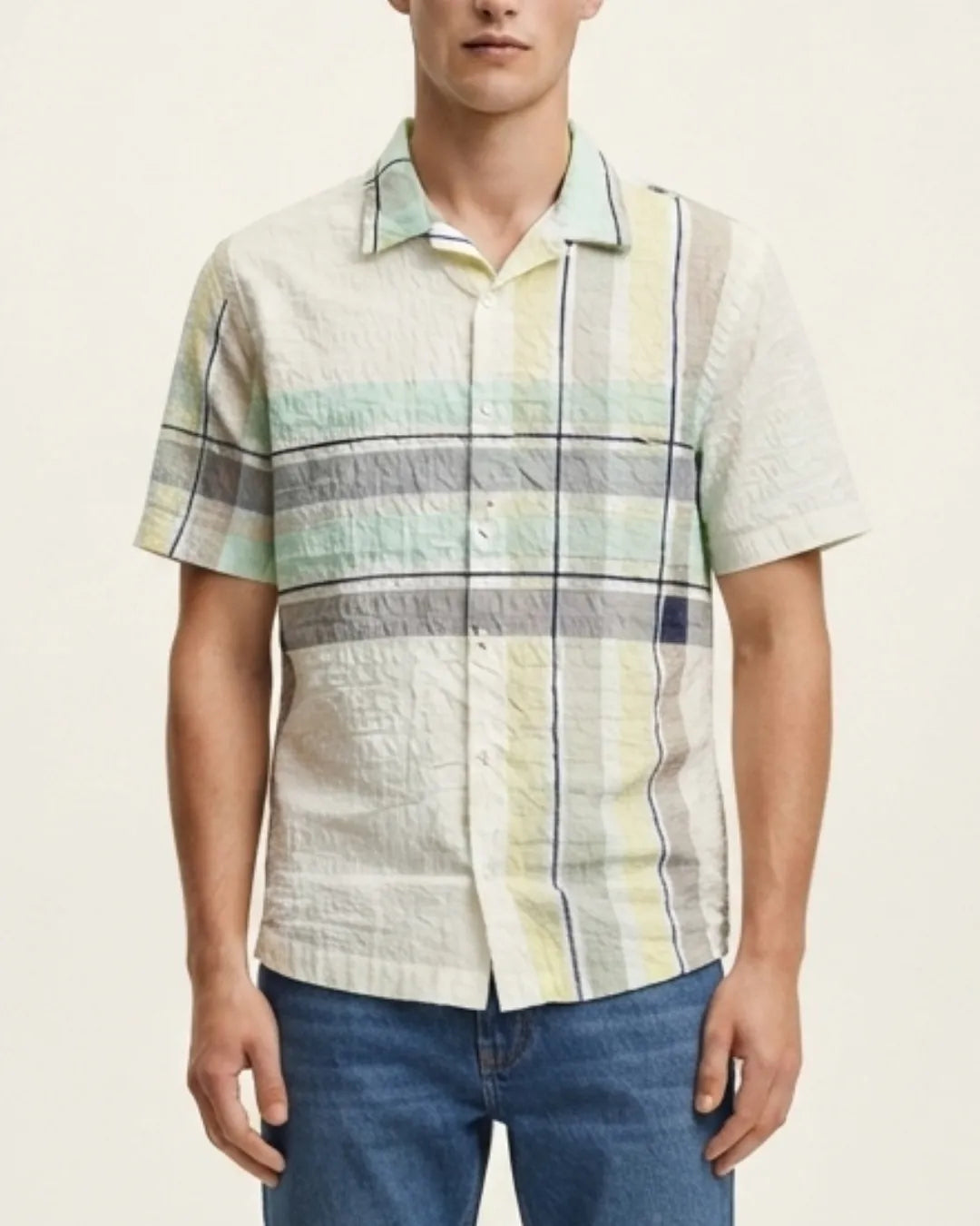 Textured Seersucker Plaid Cuban Collar Short-Sleeve Shirt