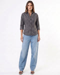 ONLY Women’s Rhinestone Studded Grey Denim Top with Cuffed Sleeves
