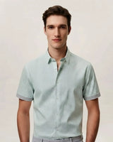 Zara Men Mint Green Dotted Print Cotton Cuban Collar Short Sleeve Shirt