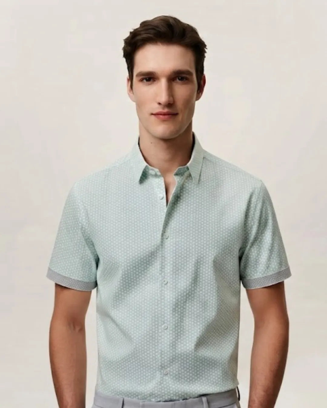 Zara Men Mint Green Dotted Print Cotton Cuban Collar Short Sleeve Shirt