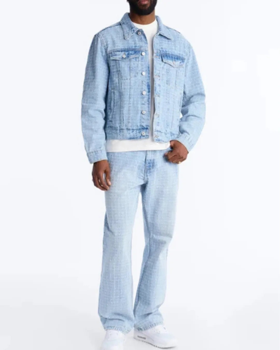 Novamen Men's Cropped Windowpane Denim Trucker Jacket