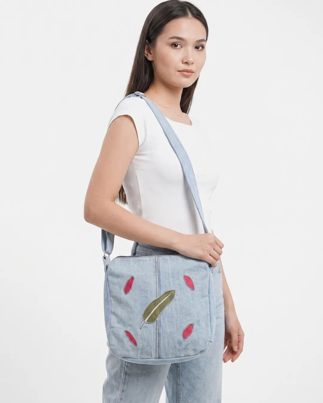 Upcycled Denim Crossbody Bag with Embroidered Flower Motif