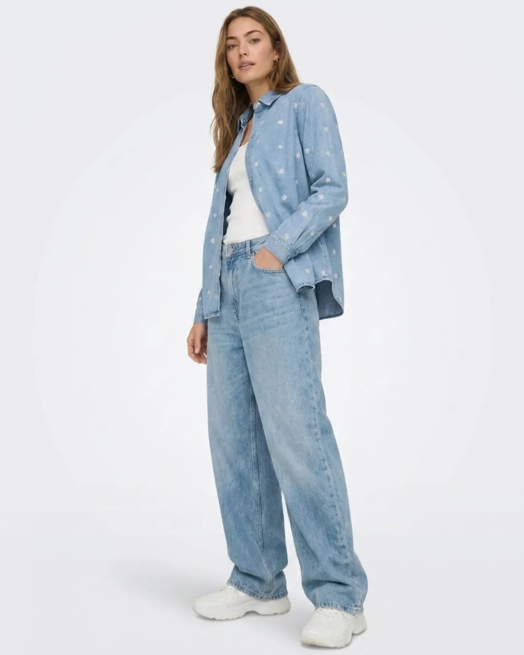 ONLY Women's Floral Embroidered Denim Shirt