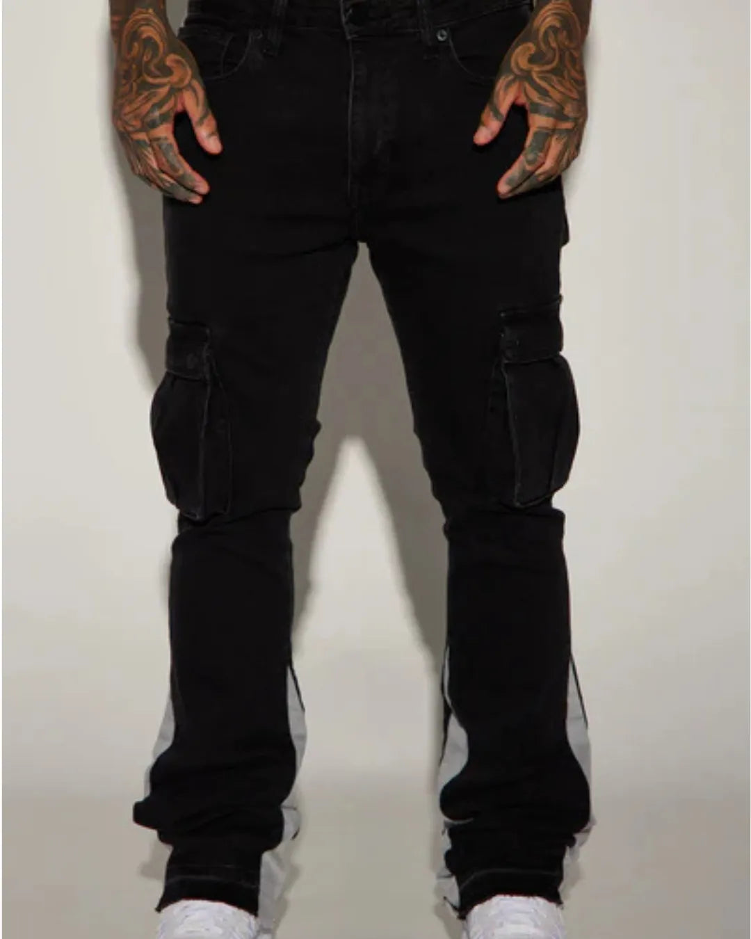 Novamen Men's Stacked Flared Cargo Jeans with Contrast Panels