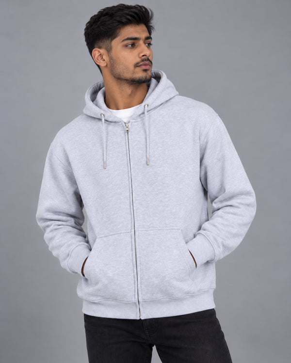 Men Light Grey Zip-Up Hoodie