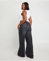 Women's Black Washed Elastic Waist Wide Leg Denim Jogger Trouser