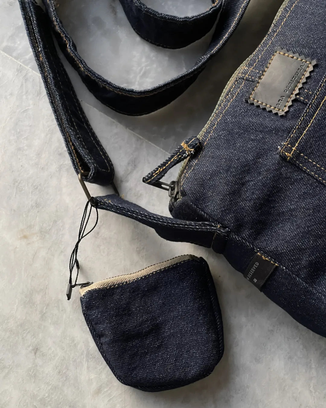 Raw Denim Shoulder Bag With Pocket And Mini Pouch