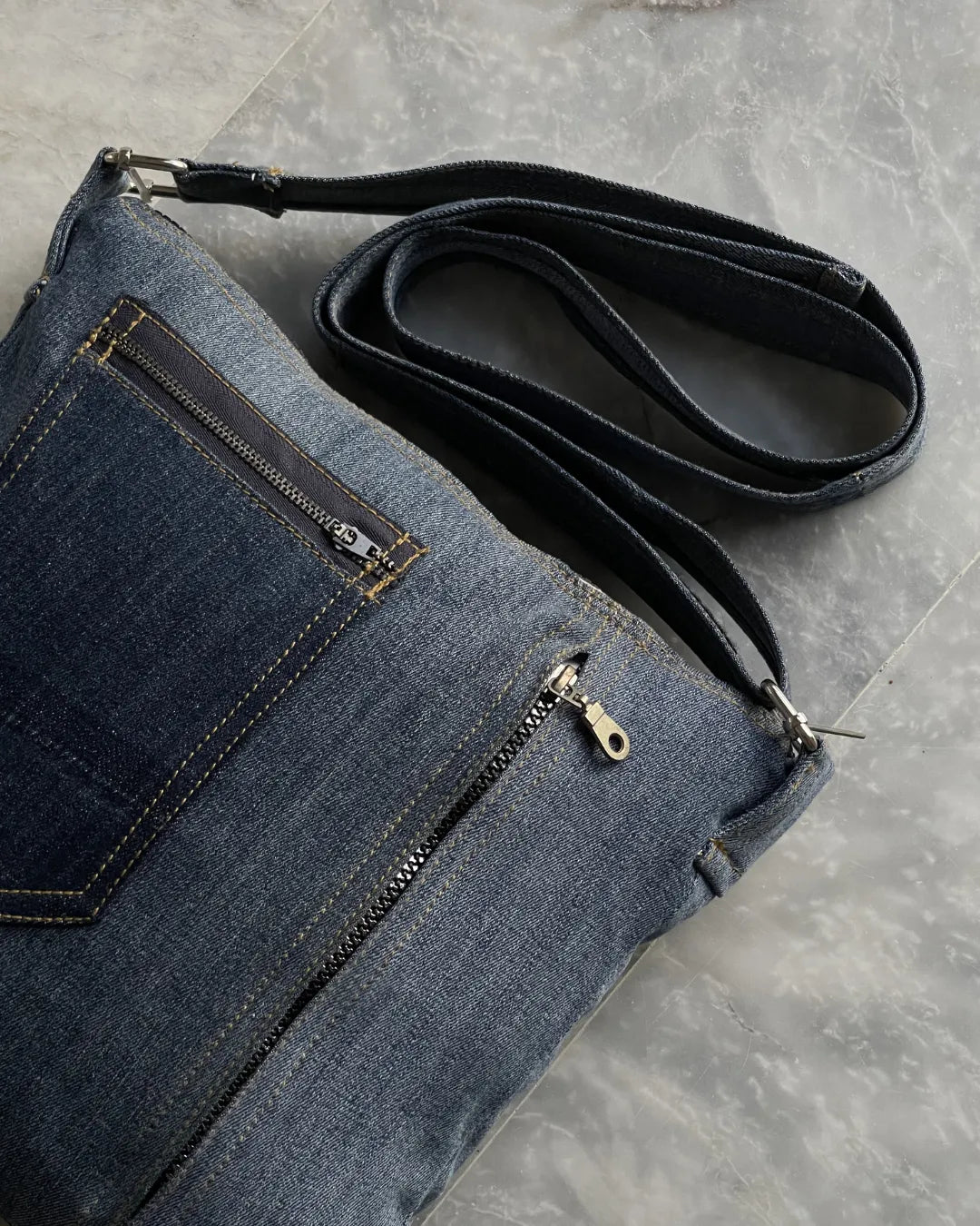 Reworked Denim Crossbody Bag With Dual Pocket Design By TLD