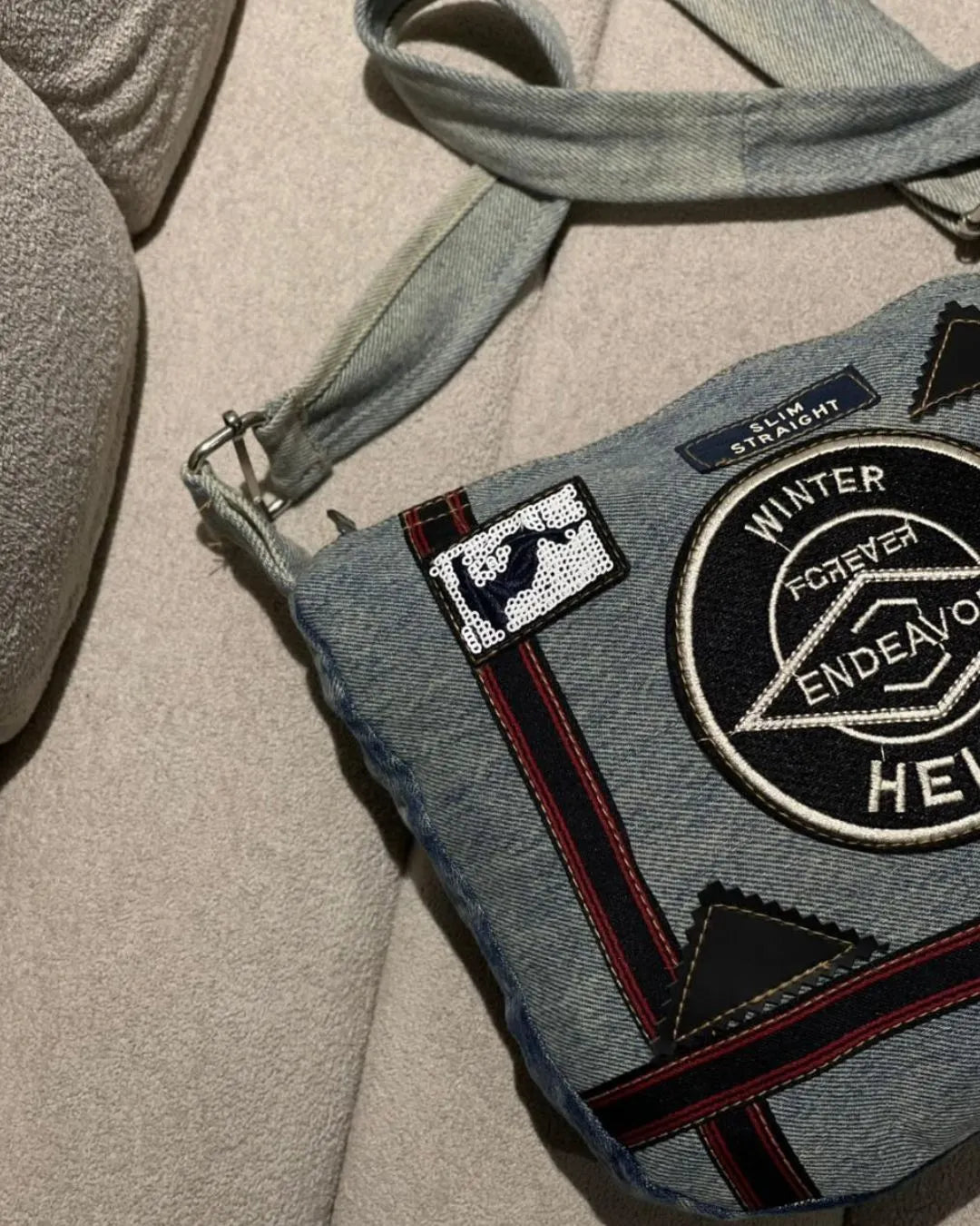 Y2K Vintage Vibe Denim Sling Bag with Patches