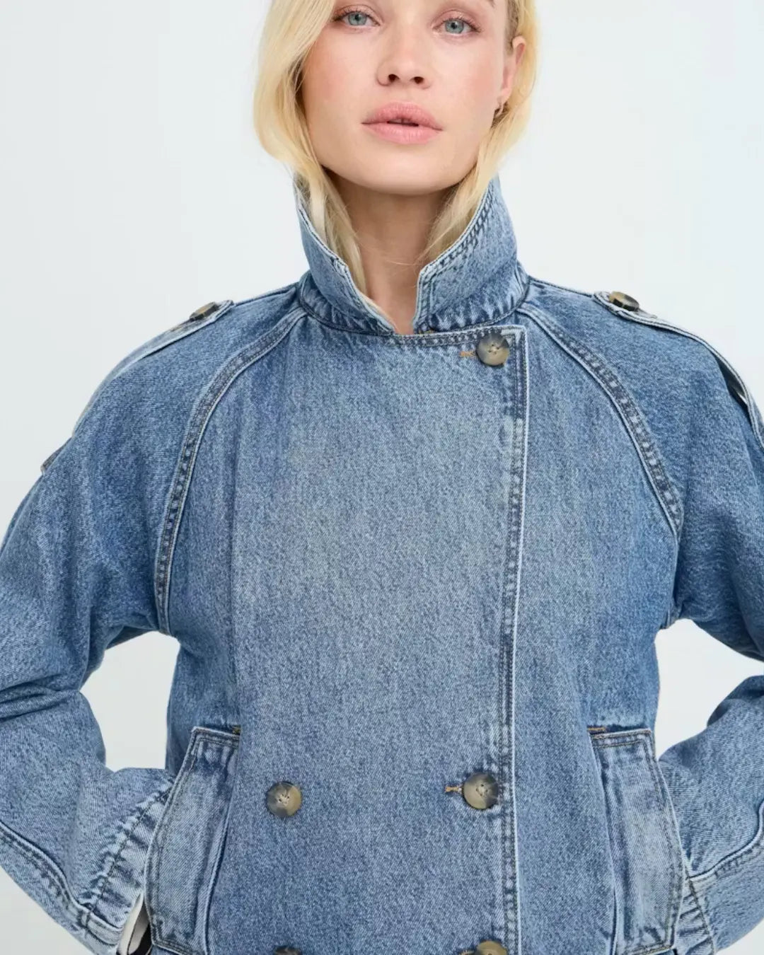 B Young Light Blue Denim Cropped Jacket for Women