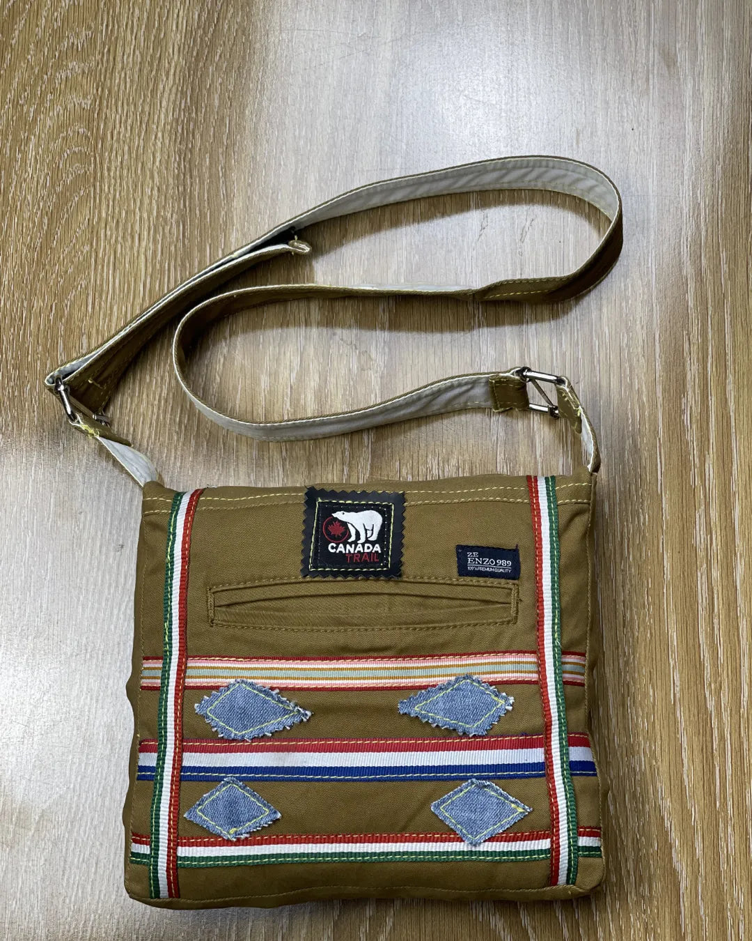 Upcycled Denim Crossbody Bag Khaki Brown Patch Style By TLD