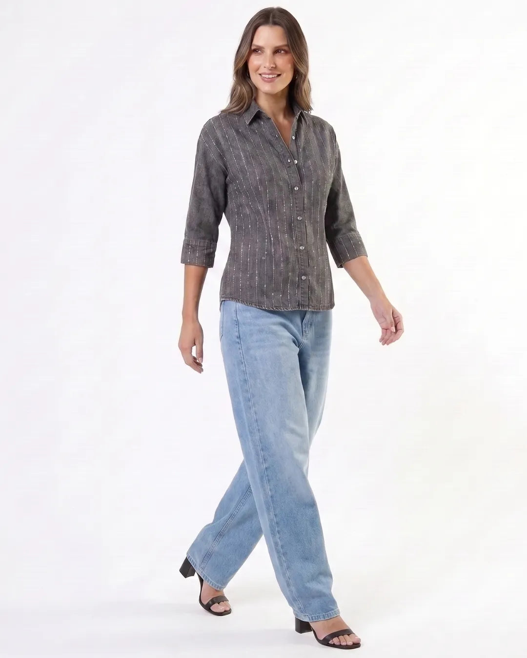 ONLY Women’s Rhinestone Studded Grey Denim Top with Cuffed Sleeves