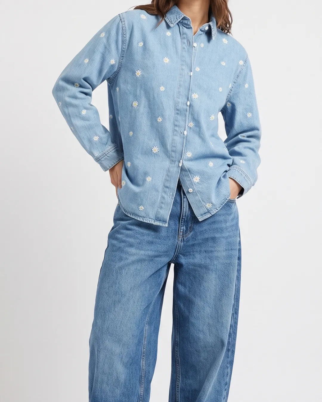 ONLY Women's Floral Embroidered Denim Shirt