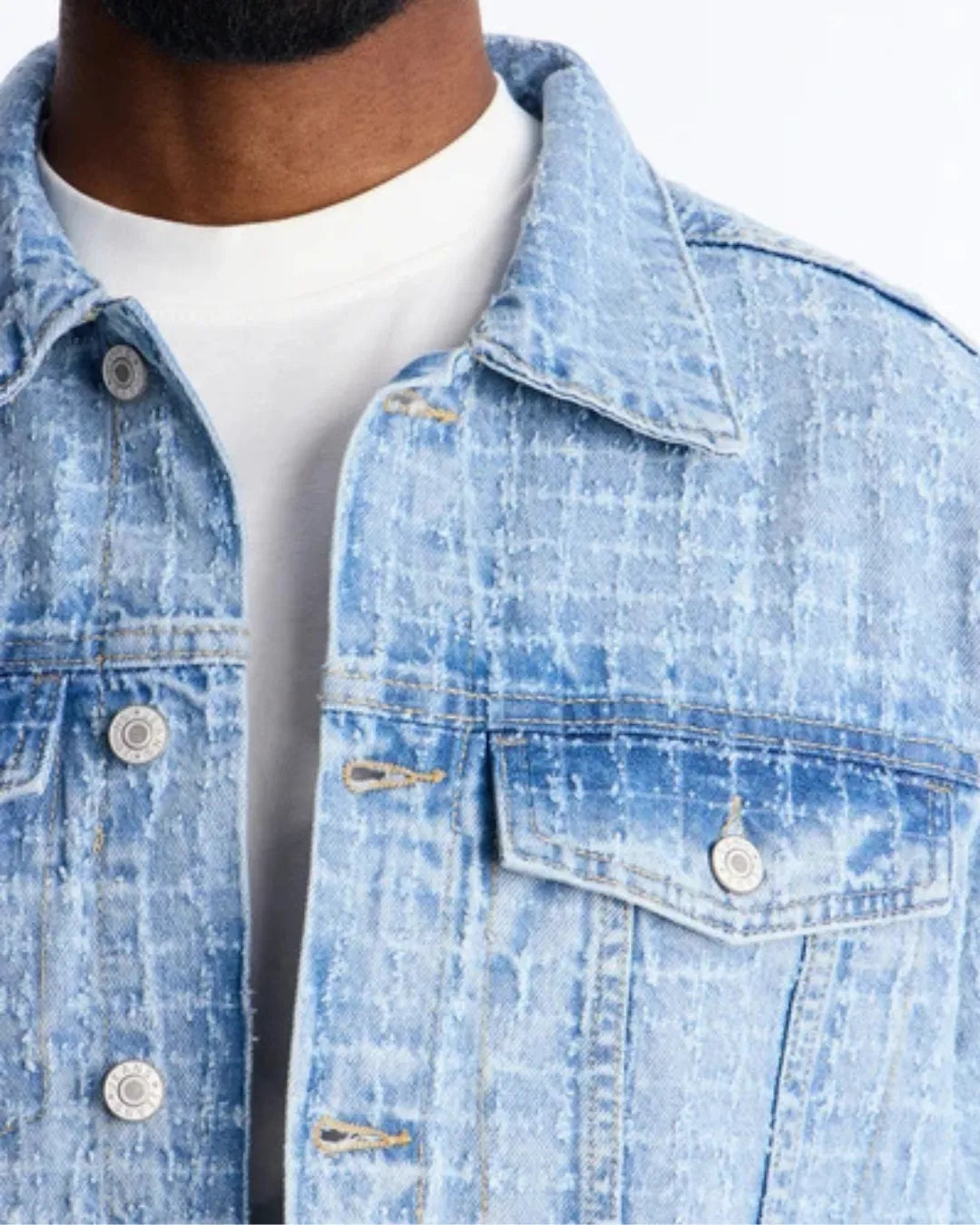 Novamen Men's Cropped Windowpane Denim Trucker Jacket